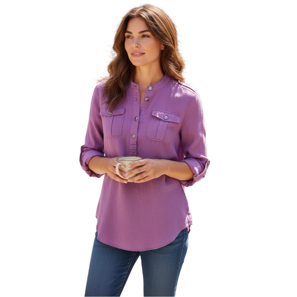 CALVIN KLEIN Women’s Roll Tab Sleeve Cotton Popover Top Size S